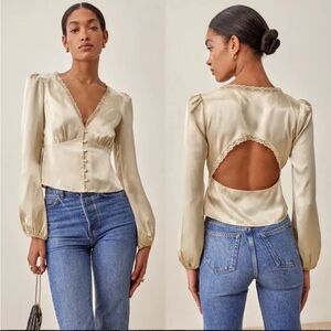Reformation Beige Satin Blouse with Open Back